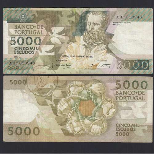 5000 Escudos 1987 Antero de Quental, 12-02-1987, ABJ, Plate: 2, Bank of Portugal, World Paper Money Pick 183, (circulated)