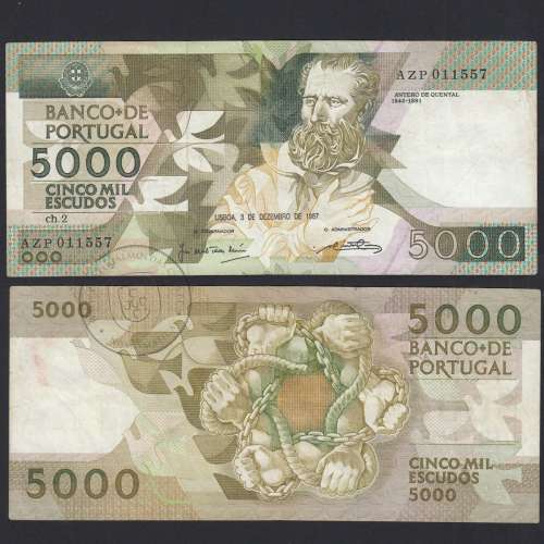 5000 Escudos 1987 Antero de Quental, 3 Dezembro1987, AZP, Chapa: 2, Banco de Portugal, World Paper Money Pick 183, (Circulada)