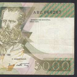 5000 Escudos 1988 Antero de Quental, 28-10-1988, ABL, Plate: 2A, Bank of Portugal, World Paper Money Pick 184, (Circulated)