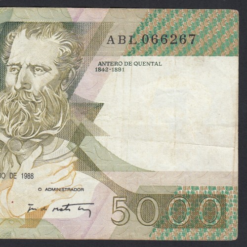 5000 Escudos 1988 Antero de Quental, 28 Outubro 1988, ABL, Chapa: 2A, Banco de Portugal, World Paper Money Pick 184, (Circulada)