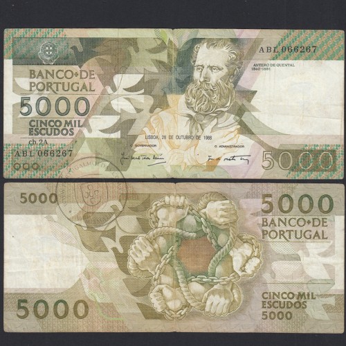 5000 Escudos 1988 Antero de Quental, 28 Outubro 1988, ABL, Chapa: 2A, Banco de Portugal, World Paper Money Pick 184, (Circulada)