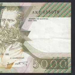 5000 Escudos 1988 Antero de Quental, 28-10-1988, AKF, Plate: 2A, Bank of Portugal, World Paper Money Pick 184, (Circulated)