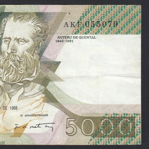 5000 Escudos 1988 Antero de Quental, 28 Outubro 1988, AKF, Chapa: 2A, Banco de Portugal, World Paper Money Pick 184, (Circulada)
