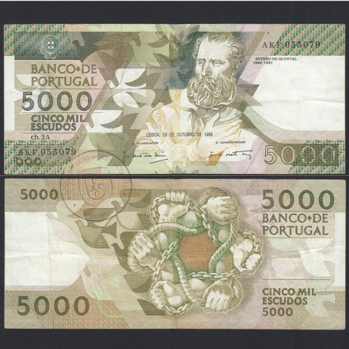 5000 Escudos 1988 Antero de Quental, 28-10-1988, AKF, Plate: 2A, Bank of Portugal, World Paper Money Pick 184, (Circulated)