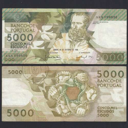 5000 Escudos 1988 Antero de Quental, 28 Outubro 1988, AKS, Chapa: 2A, Banco de Portugal, World Paper Money Pick 184, (Circulada)