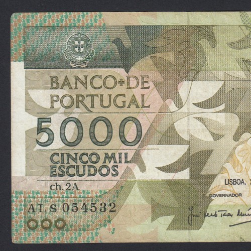 5000 Escudos 1988 Antero de Quental, 28 Outubro 1988, ALS, Chapa: 2A, Banco de Portugal, World Paper Money Pick 184, (Circulada)