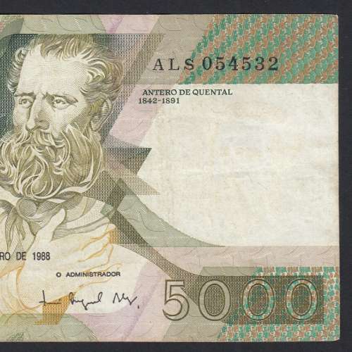 5000 Escudos 1988 Antero de Quental, 28-10-1988, ALS, Plate: 2A, Bank of Portugal, World Paper Money Pick 184, (Circulated)