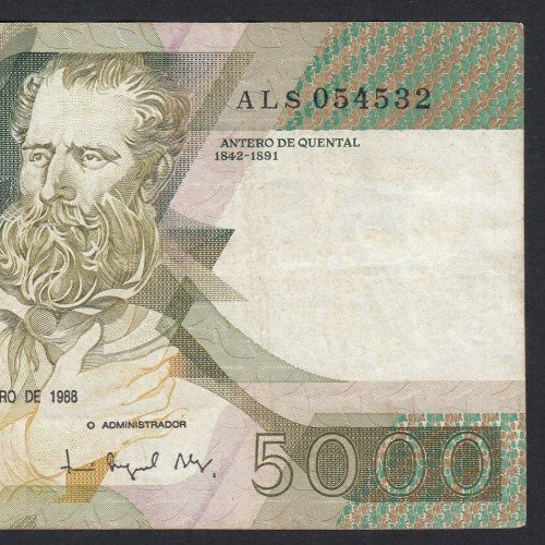 5000 Escudos 1988 Antero de Quental, 28 Outubro 1988, ALS, Chapa: 2A, Banco de Portugal, World Paper Money Pick 184, (Circulada)