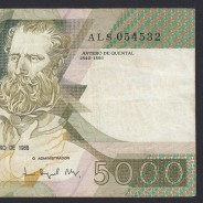 5000 Escudos 1988 Antero de Quental, 28-10-1988, ALS, Plate: 2A, Bank of Portugal, World Paper Money Pick 184, (Circulated)