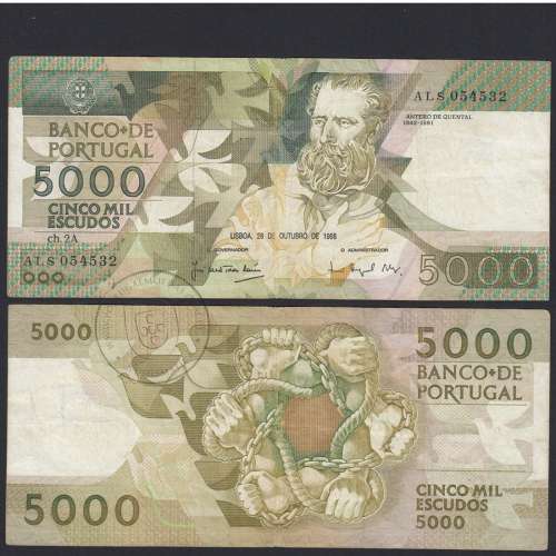 5000 Escudos 1988 Antero de Quental, 28 Outubro 1988, ALS, Chapa: 2A, Banco de Portugal, World Paper Money Pick 184, (Circulada)