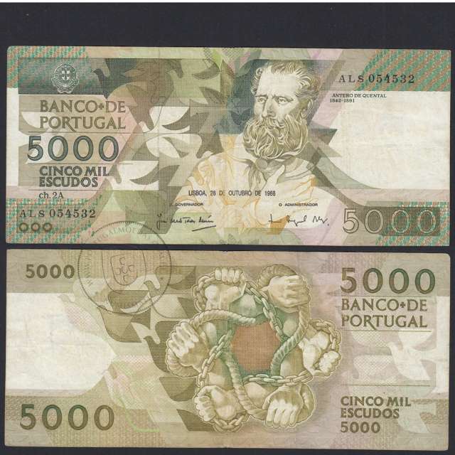 5000 Escudos 1988 Antero de Quental, 28-10-1988, ALS, Plate: 2A, Bank of Portugal, World Paper Money Pick 184, (Circulated)