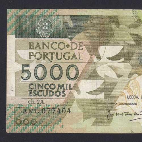 5000 Escudos 1988 Antero de Quental, 28-10-1988, ANL, Plate: 2A, Bank of Portugal, World Paper Money Pick 184, (Circulated)