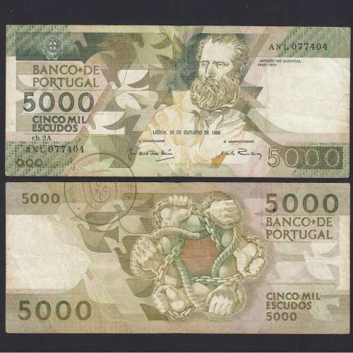 5000 Escudos 1988 Antero de Quental, 28 Outubro 1988, ANL, Chapa: 2A, Banco de Portugal, World Paper Money Pick 184, (Circulada)