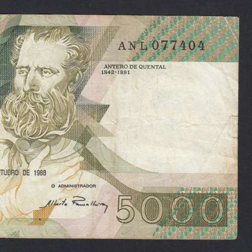 5000 Escudos 1988 Antero de Quental, 28-10-1988, ANL, Plate: 2A, Bank of Portugal, World Paper Money Pick 184, (Circulated)