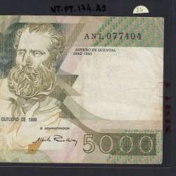 5000 Escudos 1988 Antero de Quental, 28-10-1988, ANL, Plate: 2A, Bank of Portugal, World Paper Money Pick 184, (Circulated)