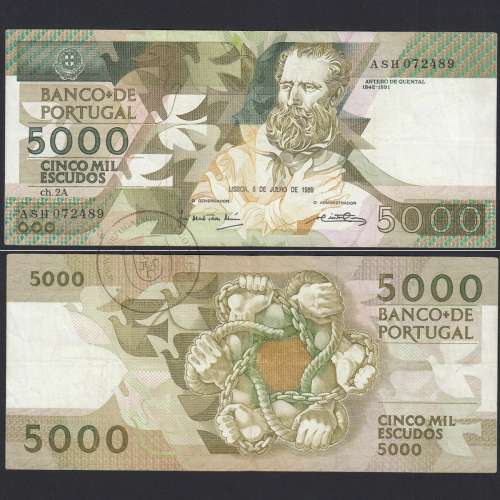 5000 Escudos 1989 Antero de Quental, 6 de Julho 1989, ASH, Chapa: 2A, Banco de Portugal, World Paper Money Pick 184, (Circulada)