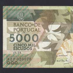 5000 Escudos 1989 Antero de Quental, 6-7-1989, AZP, Plate: 2A, Bank of Portugal, World Paper Money Pick 184, (Circulated)