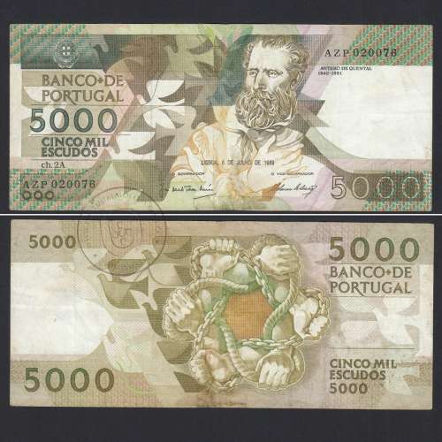 5000 Escudos 1989 Antero de Quental, 6 de Julho 1989, AZP, Chapa: 2A, Banco de Portugal, World Paper Money Pick 184, (Circulada)