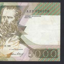 5000 Escudos 1989 Antero de Quental, 6-7-1989, AZP, Plate: 2A, Bank of Portugal, World Paper Money Pick 184, (Circulated)