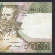 5000 Escudos 1989 Antero de Quental, 6 de Julho 1989, AZP, Chapa: 2A, Banco de Portugal, World Paper Money Pick 184, (Circulada)
