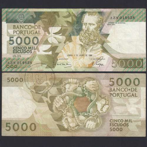 5000 Escudos 1989 Antero de Quental, 6-7-1989, AZN, Plate: 2A, Bank of Portugal, World Paper Money Pick 184, (Circulated)