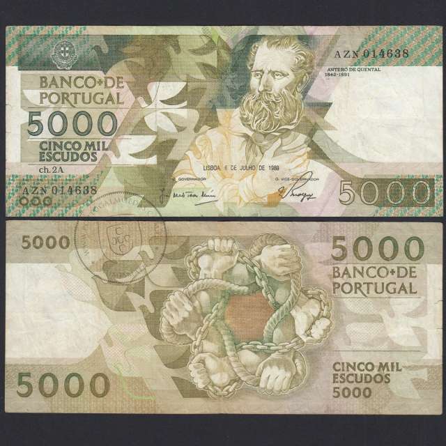 5000 Escudos 1989 Antero de Quental, 6-7-1989, AZN, Plate: 2A, Bank of Portugal, World Paper Money Pick 184, (Circulated)
