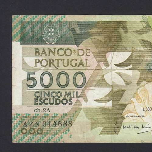 5000 Escudos 1989 Antero de Quental, 6-7-1989, AZN, Plate: 2A, Bank of Portugal, World Paper Money Pick 184, (Circulated)
