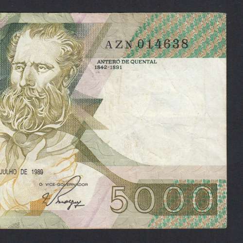 5000 Escudos 1989 Antero de Quental, 6-7-1989, AZN, Plate: 2A, Bank of Portugal, World Paper Money Pick 184, (Circulated)