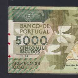 5000 Escudos 1989 Antero de Quental, 6-7-1989, AZN, Plate: 2A, Bank of Portugal, World Paper Money Pick 184, (Circulated)