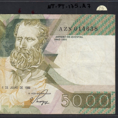 5000 Escudos 1989 Antero de Quental, 6 de Julho 1989, AZN, Chapa: 2A, Banco de Portugal, World Paper Money Pick 184, (Circulada)