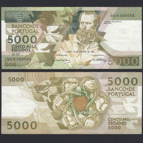 5000 Escudos 1989 Antero de Quental, 19-10-1989, BGR, Plate: 2A, Bank of Portugal, World Paper Money Pick 184, (Circulated)