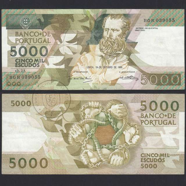 5000 Escudos 1989 Antero de Quental, 19-10-1989, BGR, Plate: 2A, Bank of Portugal, World Paper Money Pick 184, (Circulated)
