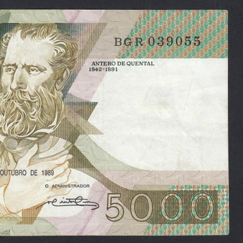 5000 Escudos 1989 Antero de Quental, 19-10-1989, BGR, Plate: 2A, Bank of Portugal, World Paper Money Pick 184, (Circulated)