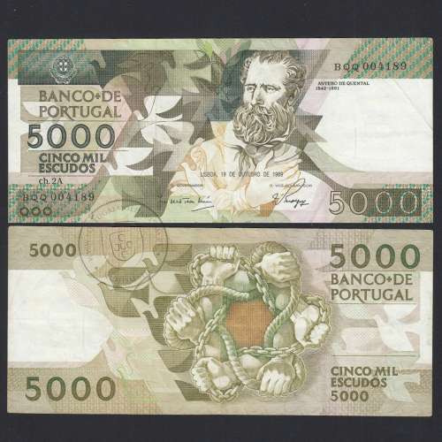 5000 Escudos 1989 Antero de Quental, 19 Outubro 1989, BQQ, Chapa: 2A, Banco de Portugal, World Paper Money Pick 184, (Circulada)