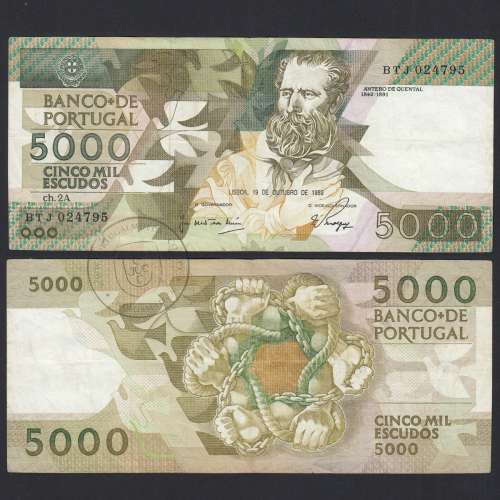 5000 Escudos 1989 Antero de Quental, 19 Outubro 1989, BTJ, Chapa: 2A, Banco de Portugal, World Paper Money Pick 184, (Circulada)