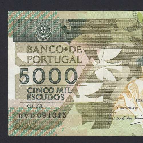 5000 Escudos 1989 Antero de Quental, 19-10-1989, BVD, Plate: 2A, Bank of Portugal, World Paper Money Pick 184, (Circulated)