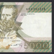 5000 Escudos 1989 Antero de Quental, 19-10-1989, BVD, Plate: 2A, Bank of Portugal, World Paper Money Pick 184, (Circulated)