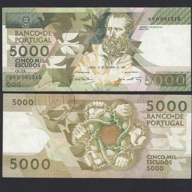 5000 Escudos 1989 Antero de Quental, 19-10-1989, BVD, Plate: 2A, Bank of Portugal, World Paper Money Pick 184, (Circulated)