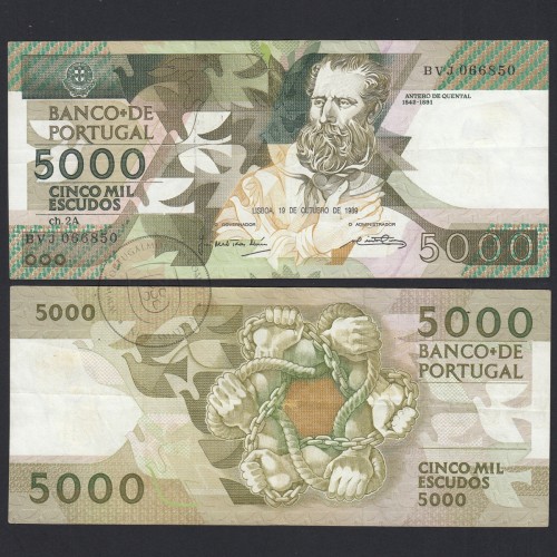 5000 Escudos 1989 Antero de Quental, 19 Outubro 1989, BVJ, Chapa: 2A, Banco de Portugal, World Paper Money Pick 184, (Circulada)