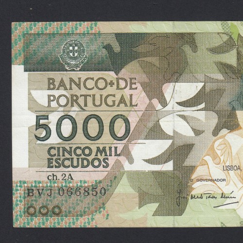 5000 Escudos 1989 Antero de Quental, 19-10-1989, BVJ, Plate: 2A, Bank of Portugal, World Paper Money Pick 184, (Circulated)
