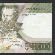 5000 Escudos 1989 Antero de Quental, 19 Outubro 1989, BVJ, Chapa: 2A, Banco de Portugal, World Paper Money Pick 184, (Circulada)