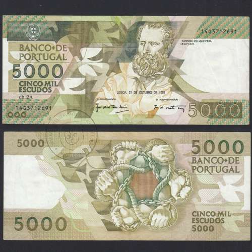 5000 Escudos 1991 Antero de Quental, 10-31-1991, 14G, Plate: 2A, Bank of Portugal, World Paper Money Pick 184, (Circulated)