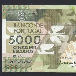 5000 Escudos 1991 Antero de Quental, 10-31-1991, 20G, Plate: 2A, Bank of Portugal, World Paper Money Pick 184, (Circulated)