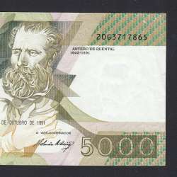 5000 Escudos 1991 Antero de Quental, 10-31-1991, 20G, Plate: 2A, Bank of Portugal, World Paper Money Pick 184, (Circulated)