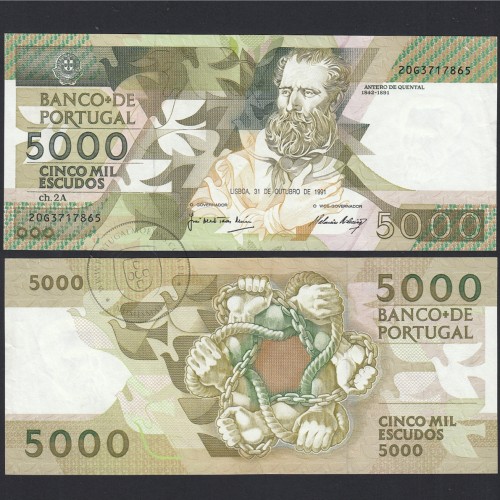 5000 Escudos 1991 Antero de Quental, 31 Outubro 1991, 20G, Chapa: 2A, Banco de Portugal, World Paper Money Pick 184, (Circulada)