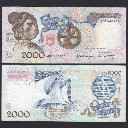 Banknote 2000 Escudos 23-5-1991 Bartolomeu Dias, A08, Plate: 1, Bank of Portugal, World Paper Money Pick 186, (Circulated)