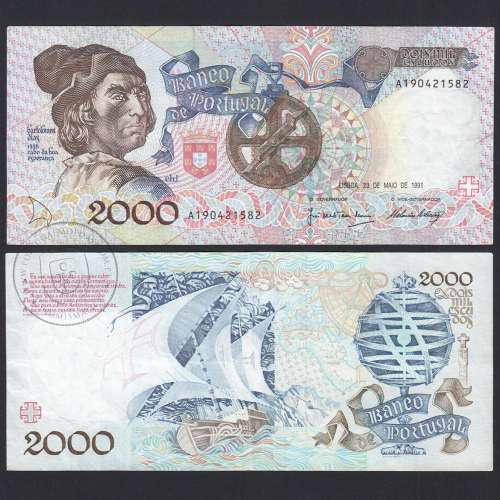 Banknote 2000 Escudos 23-5-1991 Bartolomeu Dias, A19, Plate: 1, Bank of Portugal, World Paper Money Pick 186, (Circulated)