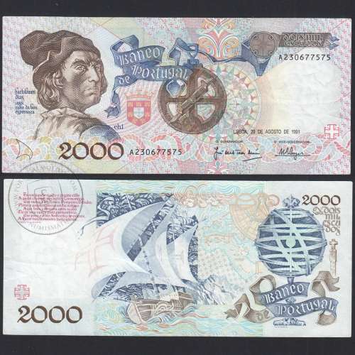 Banknote 2000 Escudos 29-8-1991 Bartolomeu Dias, A23, Plate: 1, Bank of Portugal, World Paper Money Pick 186, (Circulated)