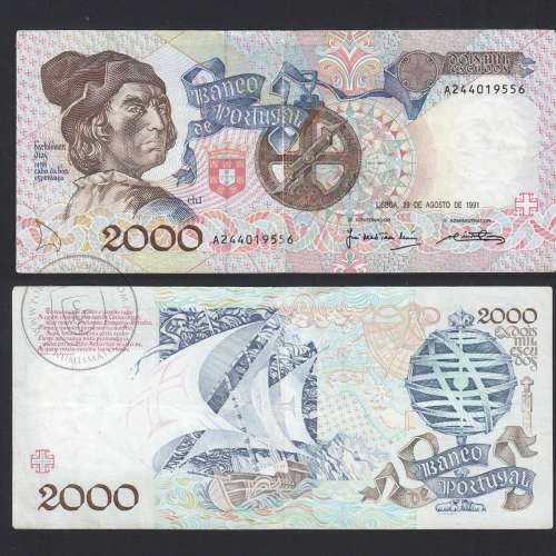Banknote 2000 Escudos 29-8-1991 Bartolomeu Dias, A24, Plate: 1, Bank of Portugal, World Paper Money Pick 186, (Circulated)