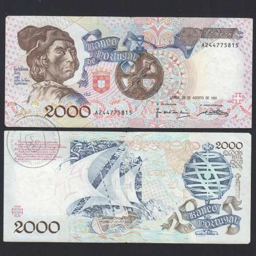 Banknote 2000 Escudos 29-8-1991 Bartolomeu Dias, A24, Plate: 1, Bank of Portugal, World Paper Money Pick 186, (Circulated)